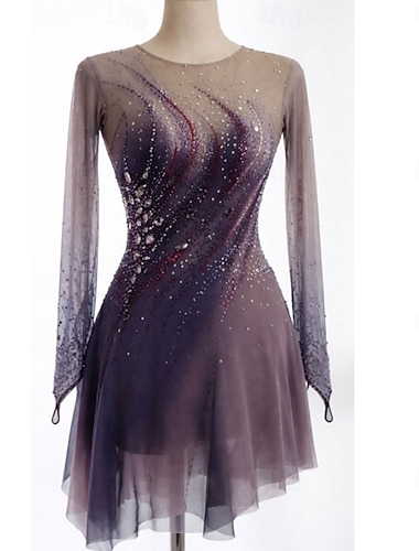  Robe de patinage artistique Femmes Patinage Robe Pourpre foncé Patchwork Trou de pouce Haute Élasticité Entraînement Compétition Tenue de Patinage Classique cristal pailleté manche longue Patinage