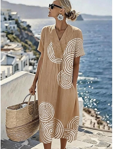  Damen Midikleid Sommerkleid A Linie Kleid Urlaub Lässig Strand Strand Party Lässiger Schnitt Grafik Geometrisch Kurzarm V Ausschnitt Blau Purpur Grün Khaki Sommer Frühling
