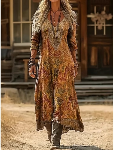  Per donna Abito Midi Abito Boho Abito Vintage Vestito Casual Classico Moderno Quotidiano All'aperto Vacanza Vestibilità regolare Floreale Manica Lunga Scollo a V Blu Giallo Rosso Grigio Primavera