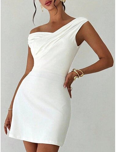  Dames Mini-jurk Schede jurk Elegant Feest cocktail Buiten Feest Bruiloft gast Met ruches Normale pasvorm Effen Kleur Mouwloos Schouderafhangend Wit
