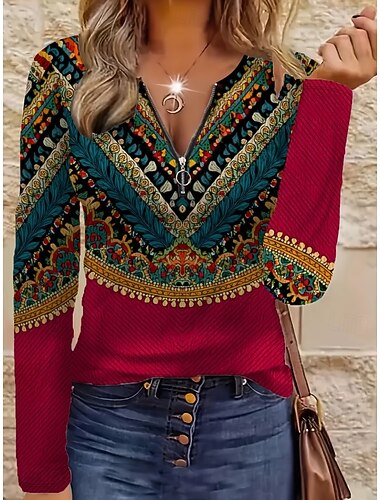  نسائي تي شيرت سحاب طباعة الرسم ترايبال موضة كاجوال كم طويل رقبة عالية مدورة V رقبة قمصان عادية مناسب للبس اليومي بني غامق أسود أحمر أخضر الربيع الخريف