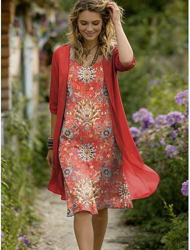  Damen Kleid-Set A Linie Kleid Elegant Urlaub Grafik Geometrie Geschichtet Druck Midikleid Halbarm Rundhalsausschnitt Täglich Blau Königliches Blau Purpur Sommer Frühling Normale Passform