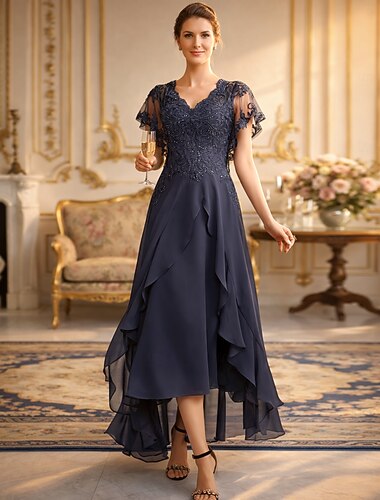  A-الخط طول الساق فستان الحفلة فستان كوكتيل فستان زفاف ضيف فستان أم العروس كم قصير V رقبة أنيق رسمي ضيف حفل زفاف حفلة رسمية شيفون مع لون صلب