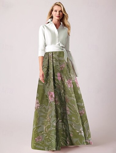  A-lijn Tot de grond Shirtjurk Bruiloft gast jurk Formele jurk Moeder van de bruid jurk Lange mouw Overhemdkraag Elegant Vintage Bruiloft Formeel Nylon met Bloemenprint Strik(ken) Split