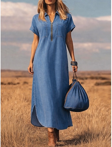  Dámské Maxi šaty Úpletové šaty Letní šaty prázdniny Na běžné nošení Cikánský Denní Plážové Dovolená Volný Bez vzoru Krátký rukáv Do V Vodní modrá Léto