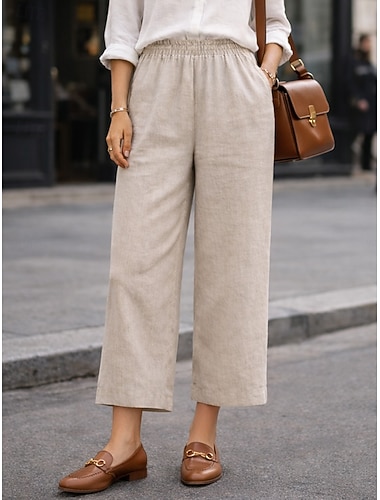  Damen Hose aus Baumwollleinen Weites Bein Chinos Sommerhose Mode Streetwear Einfach Knöchellang Hohe Taille Einfach Maillard Tasche Elastischer Bund Baggy Komfort Atmungsaktivität Weich Mikroelastisch