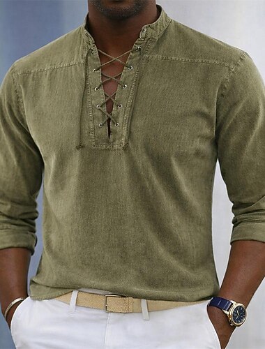  Homme Chemise Chemise popover Chemise Décontractée bleu marine manche longue Couleur Unie Uni Col de chemise Col montant Occasionnel Quotidien Poche Avant Vêtement Tenue Coton Élégant Mode Occasionnel