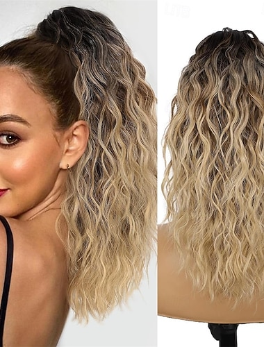  18 Zoll lange, gewellte, leichte und flauschige Haarverlängerung mit Clipverschluss für Damen, Ombré-Braun-Blond-Mix, synthetische Haarteile, gestufte Haarverlängerungen
