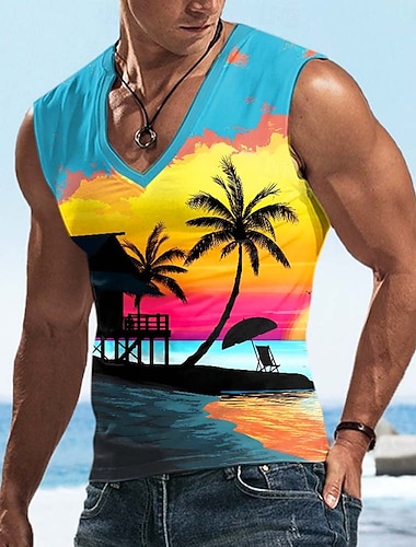  Herre Solnedgang Kokospalme T skjorte Ermeløs T skjorte 3D-utskrift V-hals Skjorte Tropisk Utendørs Feriereise Hawaiisk Blå Rød Kongeblå Sommer Vår Klær S M L XL XXL XXXL