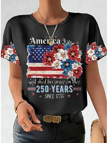  Onafhankelijkheidsdag Amerikaanse Jubileum Patriottische Dames T-shirt Print Grafisch Letter Amerikaanse Vlag Vintage Stijlvol Klassiek Korte Mouw Crew Neck Reguliere Tops Dagelijks Blauw As Zwart
