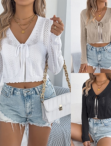 Damen Pullover Strickjacke Urlaub Mode Lässig Einfarbig Gehäkelt V Ausschnitt Schnürung Gestrickt Langarm Crop Tops Stricken Täglich Outdoor Wochenende Schwarz Weiß Sommer Frühling