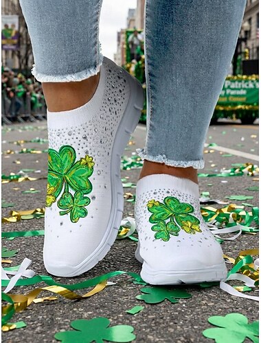  kvinders St. Patricks Day hjerte &Flyknit-sneakers med kløverprint - elastiske, åndbare slip-on-vandresko til irsk parade, feriefester og rejser &hverdagskomfort