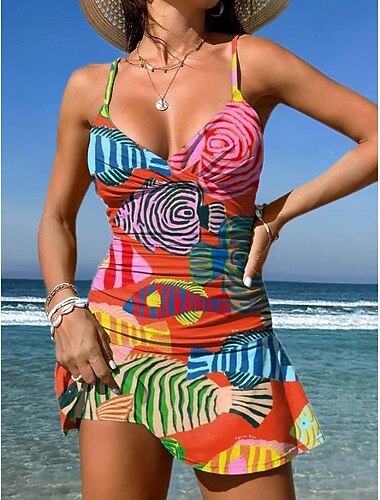  Mujer Bañadores Una pieza Falda Traje de baño Punto Elegante Vacaciones Graphic Geométrico Escote en Pico Sin Mangas Trajes de baño