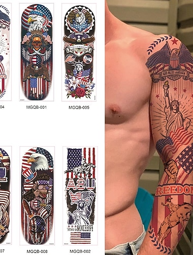  8 ark midlertidige tatoveringer på hele armen for menn, patriotiske tatoveringsklistremerker med amerikansk flagg og hodeskalle, vanntette ekstra store falske tatoveringer til dekorasjoner til
