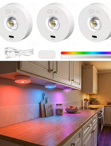  3 wiederaufladbare LED-Schrankleuchten, magnetisch, kabellos, RGB-Puck-Leuchten mit Fernbedienung, für Kleiderschrank, Weinschrank, Unterbaubeleuchtung, keine Verkabelung erforderlich, USB-Aufladung