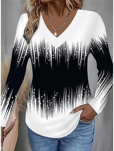  Pentru femei Tricou Imprimeu Ombre Gradient de culoare Abstract Epocă Stilat Clasic Manșon Lung În V Topuri obișnuite Zilnic Sfârșit de săptămână Negru Roșu-aprins Vară Primăvară