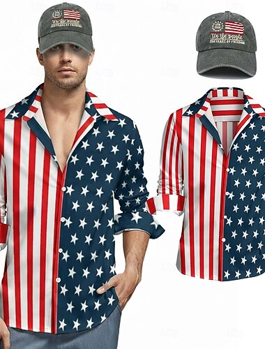  Amerikansk 250-årsjubileumssett med langermet skjorte og matchende hatt - USA-flagg, 50-årsjubileum, 4. juli, uavhengighetsdag, for menn og voksne