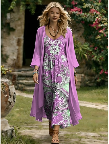  Damen Kleid-Set A Linie Kleid Urlaub Lässig Grafik Paisley-Muster Geschichtet Druck Maxikleid Dreiviertelarm V Ausschnitt Täglich Blau Hellgelb Purpur Sommer Frühling Normale Passform
