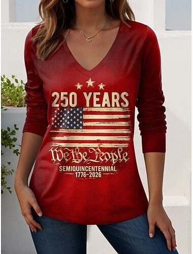  Onafhankelijkheidsdag Amerikaans Verjaardag Patriottische Dames T-shirt Print Grafisch Amerikaanse Vlag Vintage Stijlvol Casual Lange Mouwen V-hals Regulieren Tops Dagelijks Weekend Blauw Zwart Rood