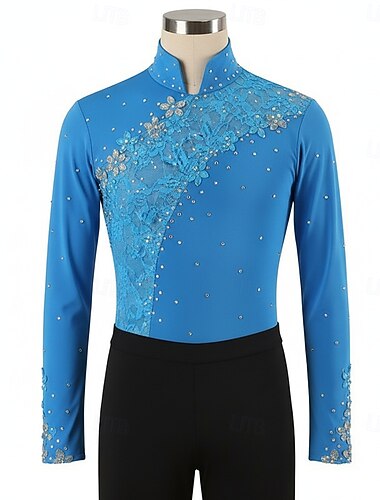  Kunstschaatstopje Voor heren Schaatsen Jurken Tops Blauw Lapwerk Rekbaar Opleiding Wedstrijd Kunstschaatskleding Klassiek Kristal / Bergkristal Lange mouw Schaatsen Kunstschaatsen
