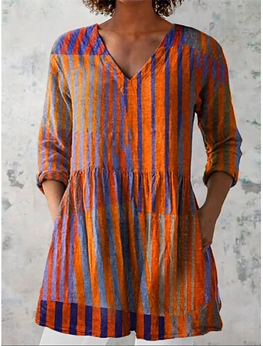  Dames Blouse Met ruches Grafisch Geometrisch Elegant Stijlvol Casual Lange mouw V-hals Lange tops Dagelijks Werk Oranje Groen Zomer Lente