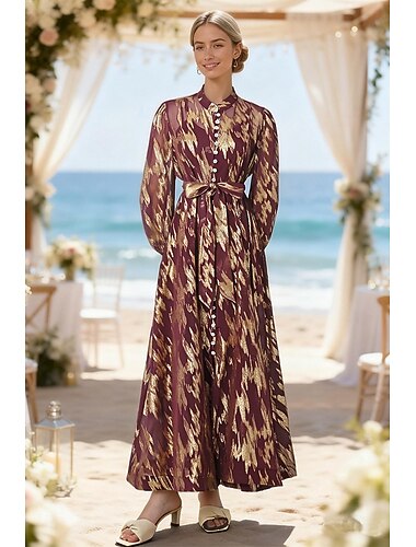  Zweiteilig A-Linie Knöchellänge Kleid für Hochzeitsgäste Kleider für Hochzeitsgäste Elegant Täglich Langarm Hoher Ausschnitt Gartenparty Hochzeit mit Blumenmuster Knöpfe