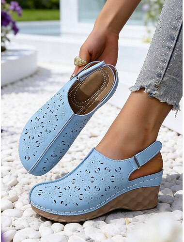  Damesklompjes met sleehak in Skuy-blauw - ademend bovenwerk met uitsparingen, comfortabele platformzool met hielband, casual chique stijl voor reizen, tuinwandelingen en zomerse uitstapjes.