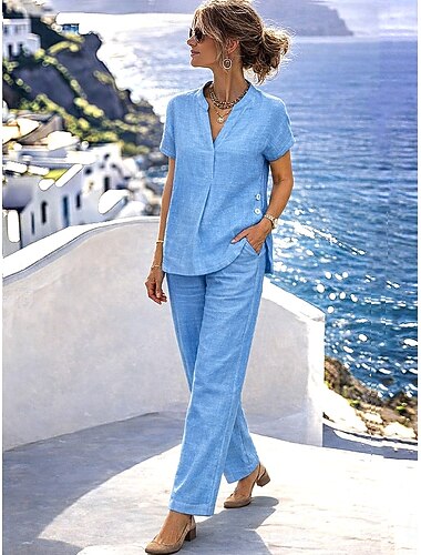  Mujer Conjuntos de pantalones Bolero Lino de algodón sintético Manga Corta Escote en Pico Color sólido Moda Ropa de calle Casual Diario Exterior Azul Piscina Blanco Azul Marino Oscuro Verano Ajuste