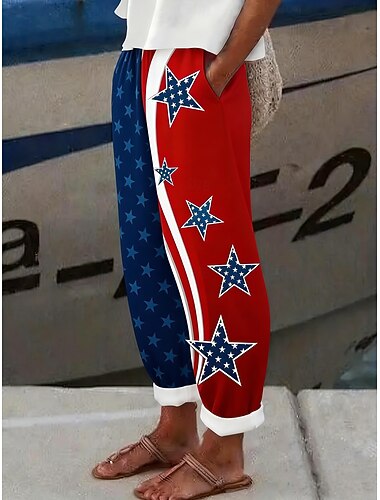  Dames Vrijetijdsbroek Broeken Vakantie Vintage Etnische stijl Volledige lengte Hoge taillePantsAmerikaanse Onafhankelijkheidsdag Bloemig Amerikaanse vlag Trekkoord Zijzakken Afdrukken Comfort Ademend