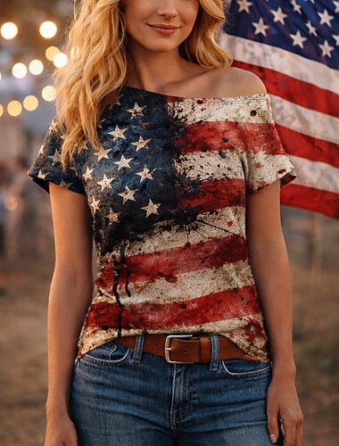  250. rocznica USA Retro / vintage Lata 80 Krótka Koszulkowy Na jedno ramię Krótkie rękawy Flaga USA Strój na bal maskowy Damskie 4 lipca Dzień Niepodległości Dla dorosłych podkoszulek