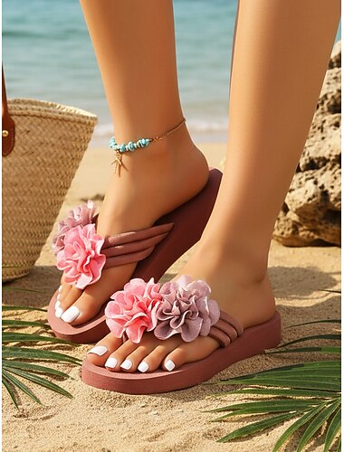  Roze dames teenslippers met bloemenprint en 3D-bloemenapplicatie – schattige platform teenslippers voor strandvakanties, zomervakanties en bij het zwembad.