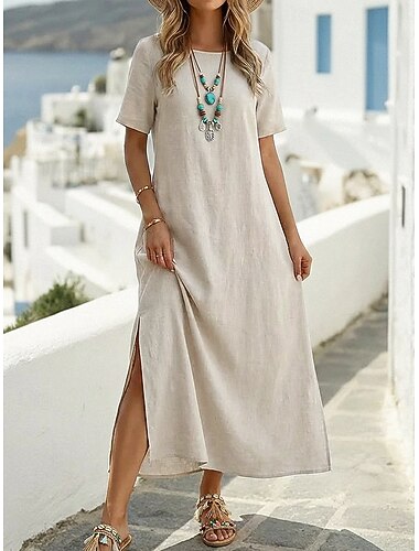  Mulheres Vestido Longo 100% Algodão Vestidos Para o Verão Vestido branco vestido de praia Básico Casual Diário Ao ar livre Ajuste Largo Tecido Meia Manga Gola Redonda Exército verde Preto Branco Vinho