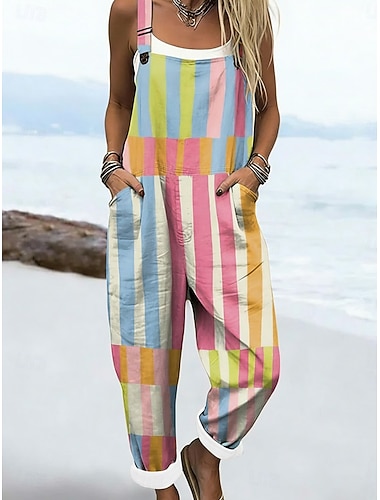  Damen Overall Aktiv Gestreift Ärmellos Ärmellos Quadrathals Tasche Druck Täglich Urlaub Lässiger Schnitt Blau Sommer