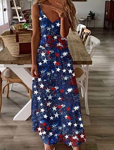  Amerikaanse onafhankelijkheidsdag Dames Maxi-jurk A lijn jurk Slipdress Vakantie Casual Uitgaan Normale pasvorm Grafisch Amerikaanse vlag Mouwloos V-hals Spaghettibandjes blauw Marine Wit Zomer Lente
