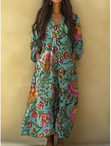  Dame Maxikjole Solkjole Kjole med A-linje Ferie Fritid Bohem Strand Ut på byen Løstsittende Blomstret Grafisk Langermet V-hals Lysegrønn Grønn Kakifarget Sommer Vår