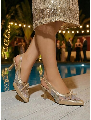  Gullfargede slingback-hæler i netting til dame – elegante kitten heels med spiss tå og sløyfedetaljer for kvelder på feriesteder og formelle gallafester &cocktailselskaper