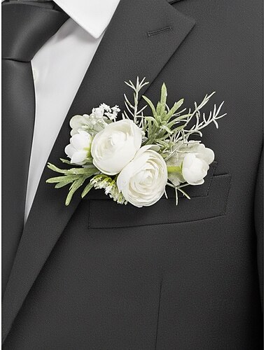  fazzoletto da taschino da uomo con fiore all'occhiello, in poliestere con finto fiore, colori bianco e rosa, design pratico, ideale per matrimoni e feste