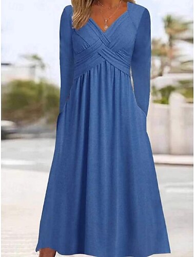  Damen Midikleid Freizeitkleid A Linie Kleid Elegant Mode Modern Outdoor Urlaub Ausgehen Normale Passform Einfach Langarm V Ausschnitt Blau Schwarz Burgunderrot Khaki Sommer Frühling