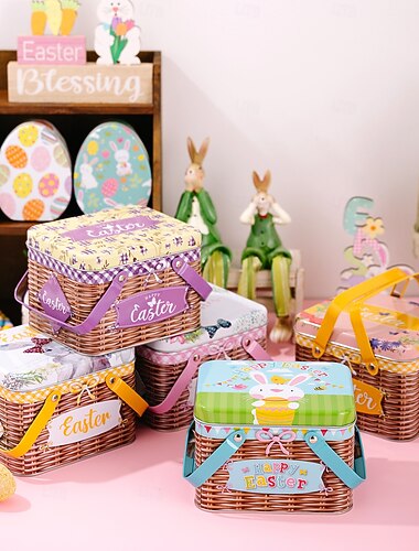  Cestino portaoggetti in latta a forma di coniglietto pasquale, scatola portaoggetti in metallo colorato con manico, contenitore creativo per regali di Pasqua