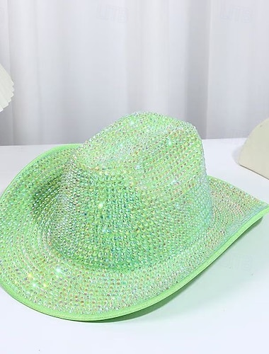  neongrønn cowboyhatt med strass for kvinner, glitrende cowgirlhatt i romfart med blingkrystaller, discofesthatt til musikkfestivaler, utdrikningslag, kostymetilbehør for St. Patricks dag