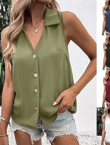  Per donna Canotta Bottoni Tinta unica Elegante Casual Senza Maniche Colletto a Camicia Top Regolari Quotidiano Nero Bianco Vino Blu marino Verde Estate Primavera