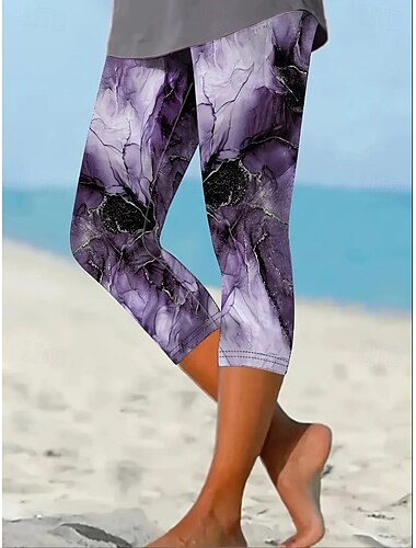  Damen Caprihose Leggings Loungewear Urlaub Vintage Mode Capris Mittlere Taille Blumen Grafik 3D-Druck Drucken Komfort Weich Atmungsaktiv Dehnbar Lässig Täglich Urlaub Violett Sommer Frühling Schmale