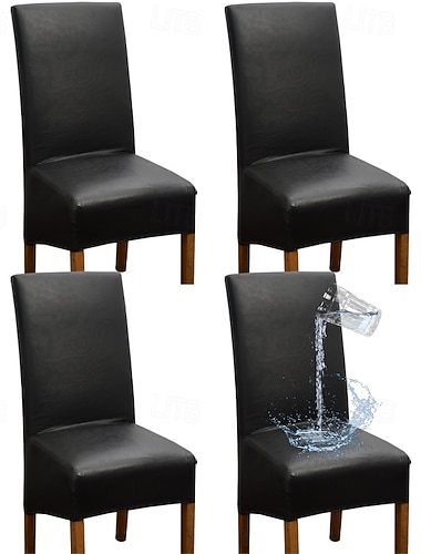  4-teiliger, 100 % wasserdichter Esszimmerstuhlbezug, schwarz, dehnbar, aus PU-Leder, mit Gummiband, für Esszimmer und Hochzeiten