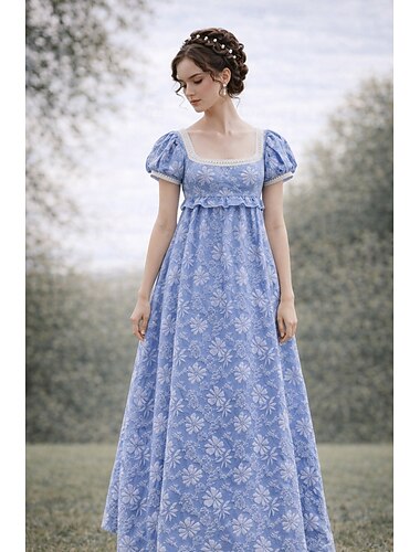  レトリ／ヴィンテージ 中世 ルネッサンス フロア丈 ドレス ボールガウン リージェンシー風ドレス パフ／バルーン ジャカード フラワー 仮装 女性用 ハロウィーン カーニバル プロムドレス 結婚式 マスカレード 大人 成人 ドレス 夏 春