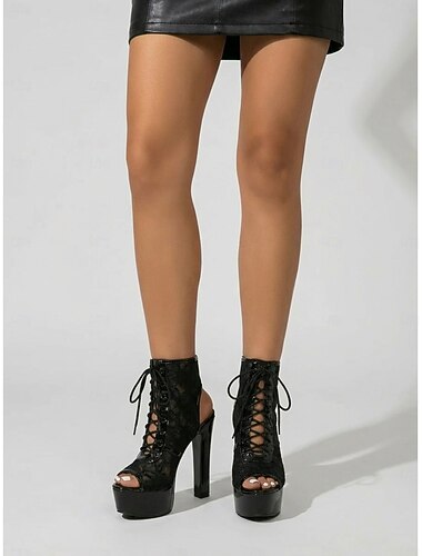  Zwarte platformlaarzen met vetersluiting voor dames - stijlvolle enkellaarsjes met open neus en hoge hakken voor het uitgaansleven