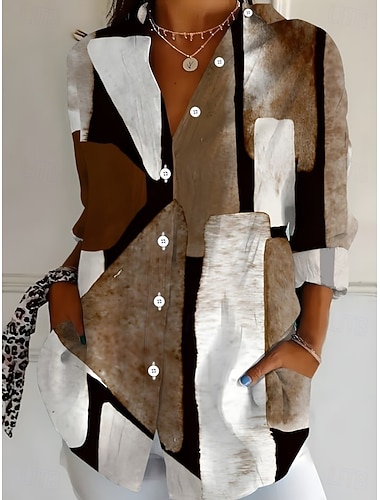  Mulheres Camisa Social Blusa Patchwork Botões Imprimir Gráfico Geométrica Xadrez Vintage Tropical Diário Manga Longa Colarinho de Camisa Tops longos Diário Azul Preto Rosa Azul Marinha Castanho Claro