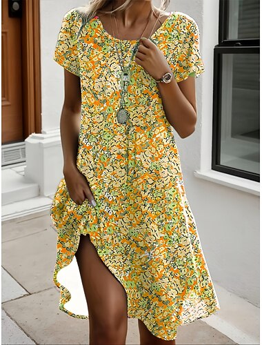  نسائي فستان قصير فستان خفيف فستان تيشيرت فستان شكل حرف A العطلة كاجوال نمط الشاطئ الأماكن المفتوحة شاطئ مناسب للخارج عادي ورد الرسم كم قصير كرونيك جولدن رود أبيض أصفر الصيف الربيع