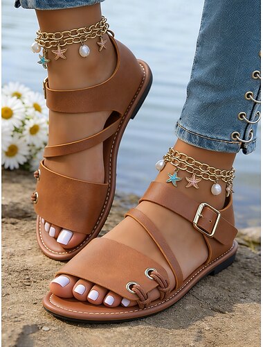  Lette sommersandaler for kvinner – klassiske brune, flate sandaler med ankelreim for damer, perfekte for strandturer og hverdagsantrekk