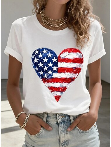  Amerikansk uafhængighedsdag Dame T-shirt Trykt mønster Grafisk Amerikansk flag Årgang Stilfuld Klassisk Kortærmet Rund hals Almindelige toppe Daglig Weekend Blå Sort Hvid Rød Sommer Forår Efterår