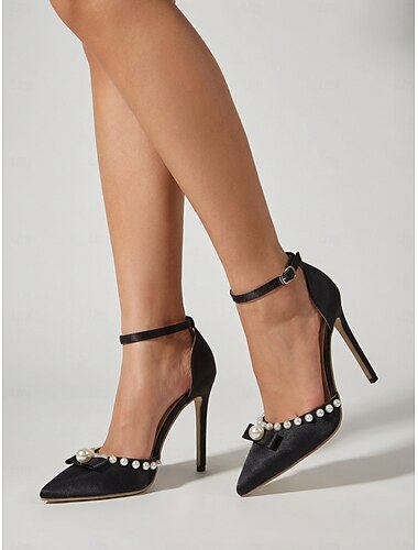  Schwarze, perlenbesetzte Damen-Pumps mit spitzer Zehenpartie – elegante Stilettos für Hochzeitsgäste bei Hochzeiten in der Stadt